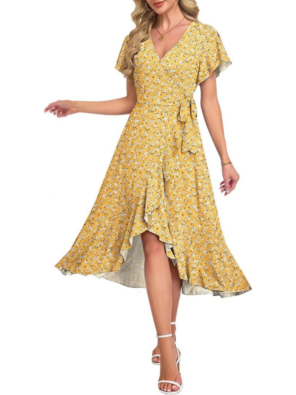 Elegant Summer Midi Dress for Women | Wrap Style, Short Flutter Sleeves, Chic